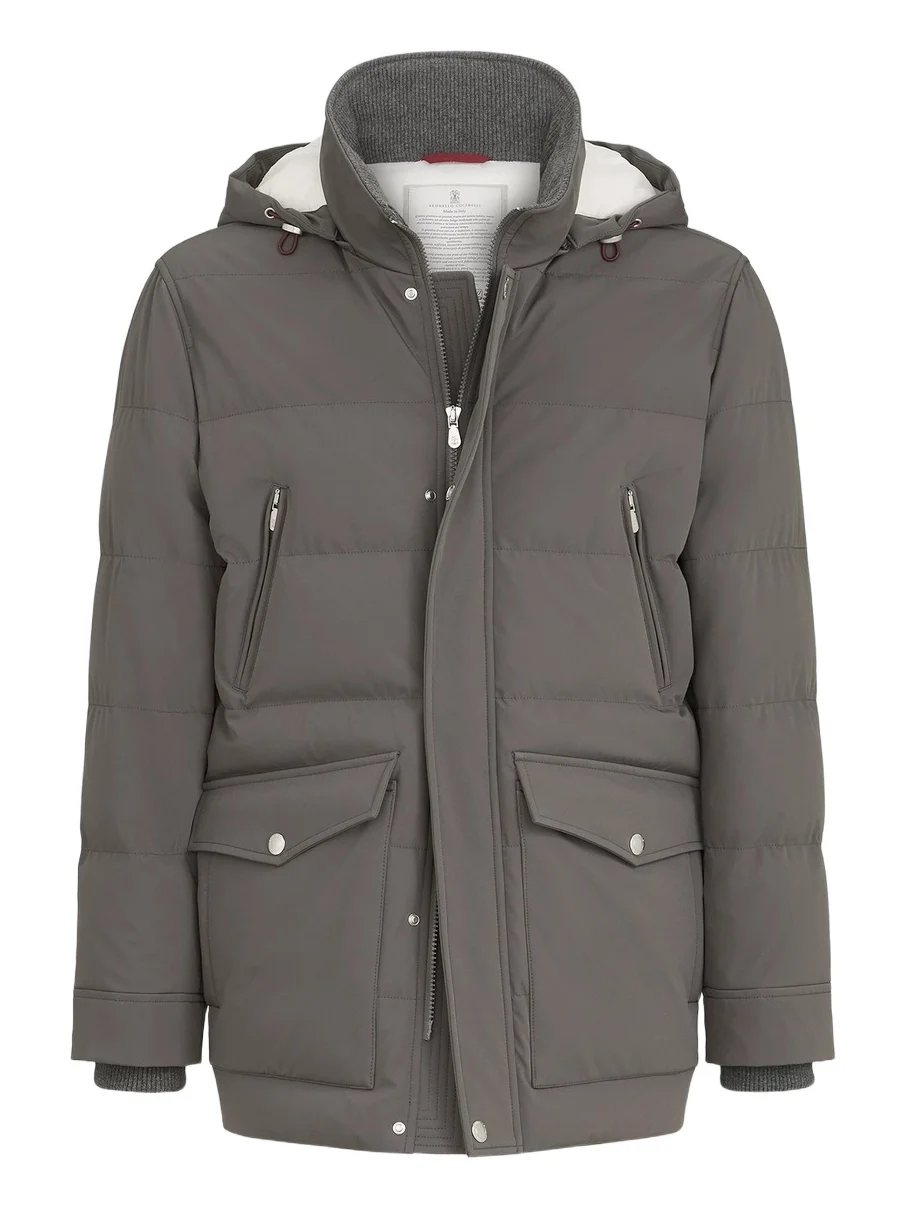 Brunello Cucinelli Men's Stretch Bonded Nylon Down Parka with Detachable Hood - Lead