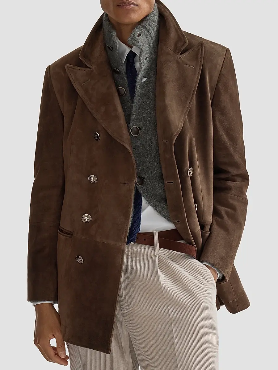 Brunello Cucinelli Men's Suede Blazer-Style Outerwear Jacket with Peak Lapels - Brown | Thumbnail 2 Brunello Cucinelli Men's Suede Blazer-Style Outerwear Jacket with Peak Lapels - Brown | Thumbnail 2