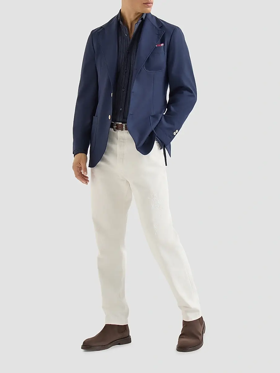 Brunello Cucinelli Men's Virgin Wool, Silk and Cotton Chalk Stripe Piqué Shirt | Thumbnail 2