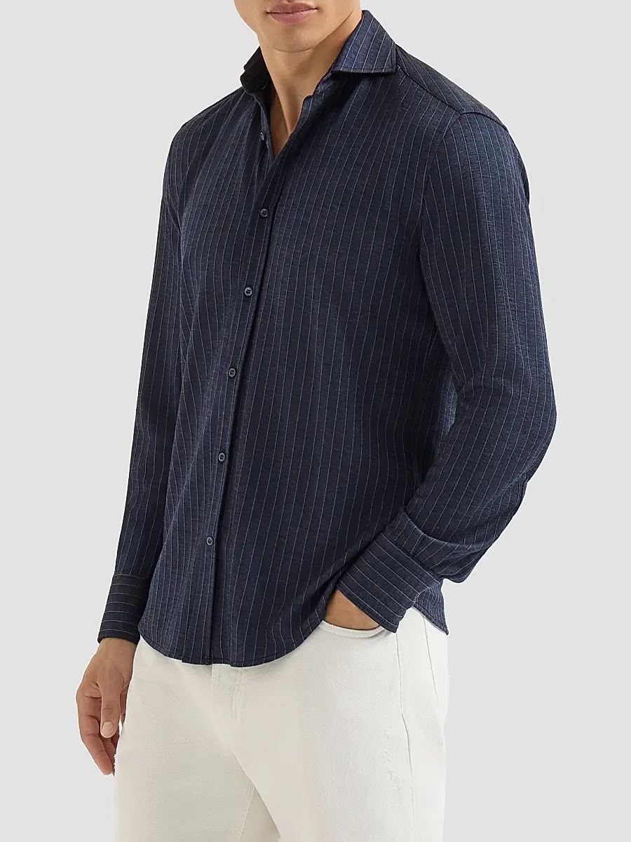 Brunello Cucinelli Men's Virgin Wool, Silk and Cotton Chalk Stripe Piqué Shirt | Thumbnail 3