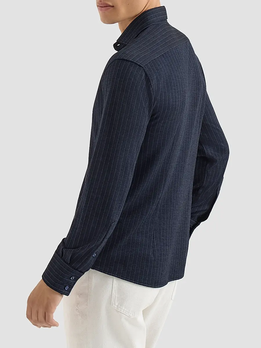 Brunello Cucinelli Men's Virgin Wool, Silk and Cotton Chalk Stripe Piqué Shirt | Thumbnail 4