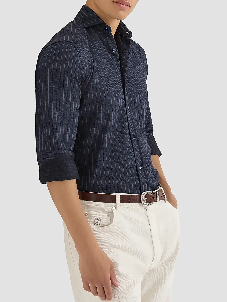 Brunello Cucinelli Men's Virgin Wool, Silk and Cotton Chalk Stripe Piqué Shirt | Thumbnail 5