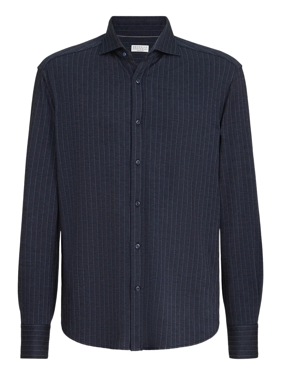Men's Virgin Wool, Silk and Cotton Chalk Stripe Piqué Shirt Men's Virgin Wool, Silk and Cotton Chalk Stripe Piqué Shirt