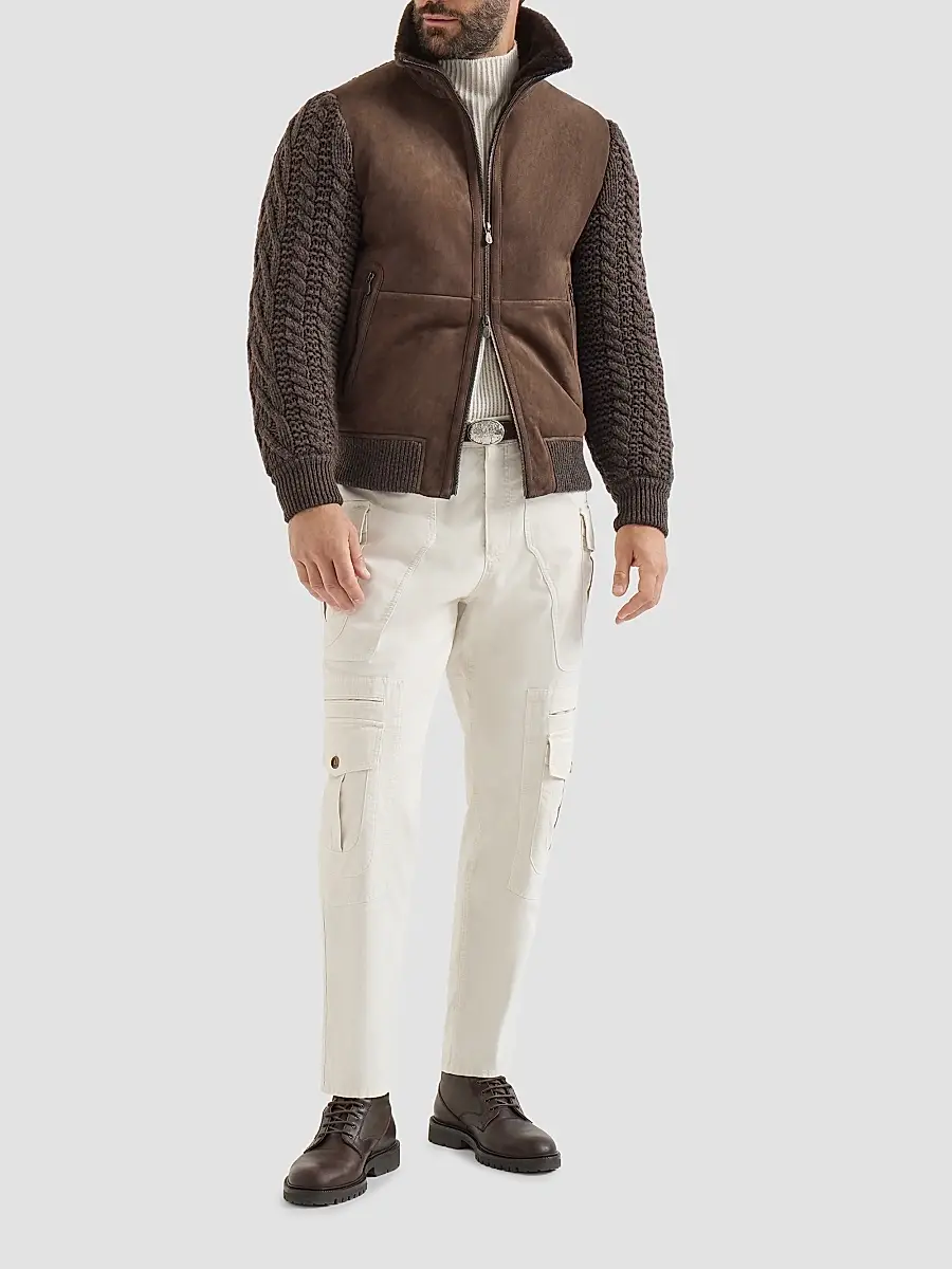 Brunello Cucinelli Men's Suede Shearling and Cashmere Knit Bomber Jacket | Thumbnail 2 Brunello Cucinelli Men's Suede Shearling and Cashmere Knit Bomber Jacket | Thumbnail 2