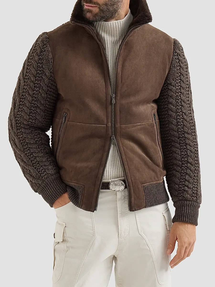 Brunello Cucinelli Men's Suede Shearling and Cashmere Knit Bomber Jacket | Thumbnail 3 Brunello Cucinelli Men's Suede Shearling and Cashmere Knit Bomber Jacket | Thumbnail 3