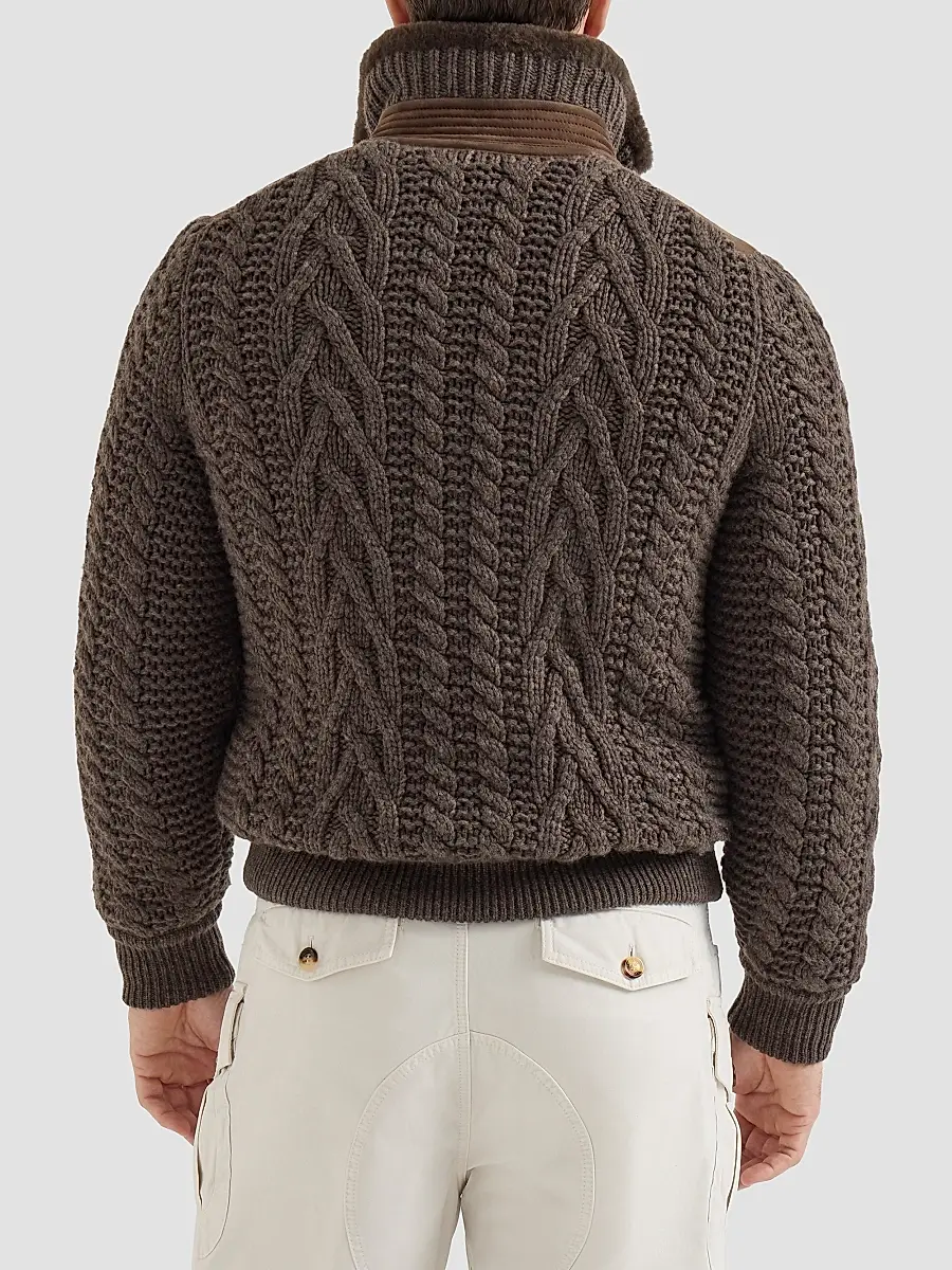 Brunello Cucinelli Men's Suede Shearling and Cashmere Knit Bomber Jacket | Thumbnail 4 Brunello Cucinelli Men's Suede Shearling and Cashmere Knit Bomber Jacket | Thumbnail 4