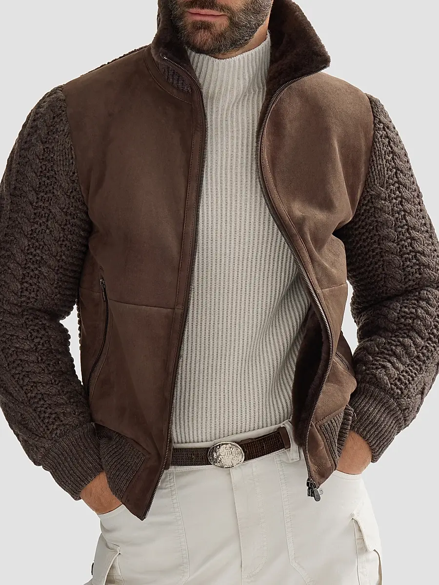 Brunello Cucinelli Men's Suede Shearling and Cashmere Knit Bomber Jacket | Thumbnail 5 Brunello Cucinelli Men's Suede Shearling and Cashmere Knit Bomber Jacket | Thumbnail 5