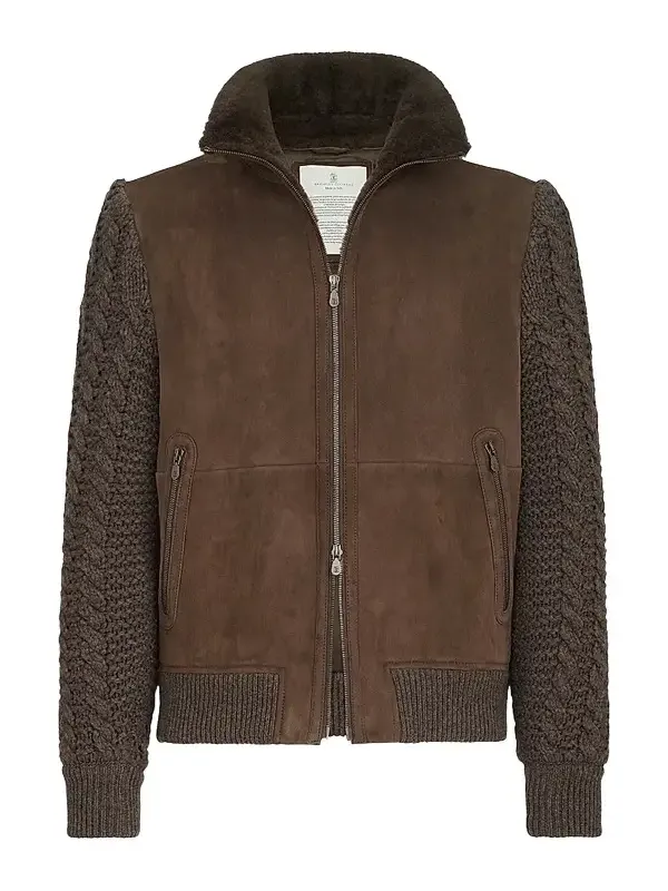 Men's Suede Shearling and Cashmere Knit Bomber Jacket Men's Suede Shearling and Cashmere Knit Bomber Jacket