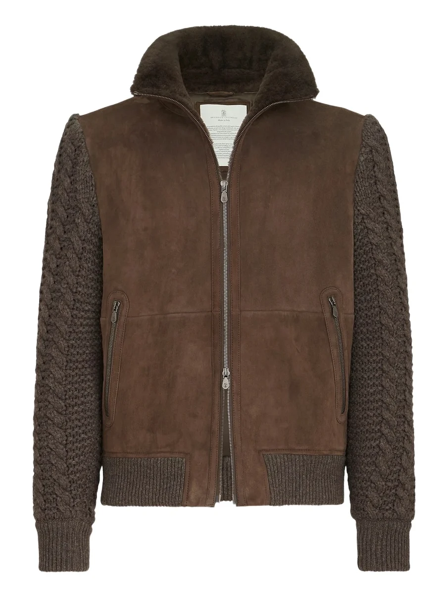 Men's Suede Shearling and Cashmere Knit Bomber Jacket