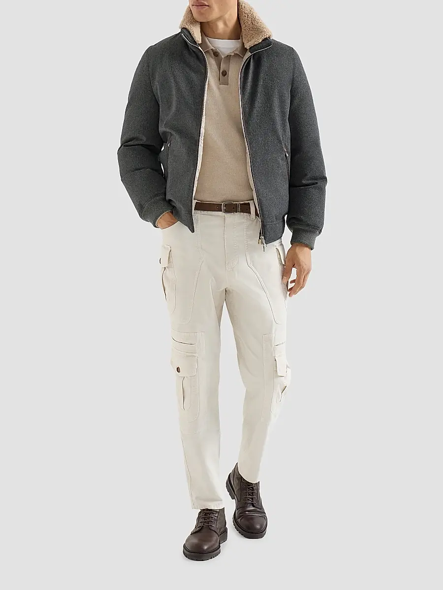 Brunello Cucinelli Men's Bonded Wool Flannel Down Jacket with Detachable Hood - Dark Grey | Thumbnail 2