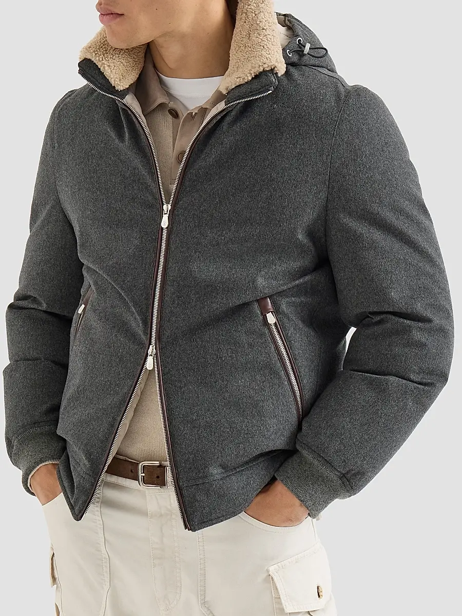 Brunello Cucinelli Men's Bonded Wool Flannel Down Jacket with Detachable Hood - Dark Grey | Thumbnail 3