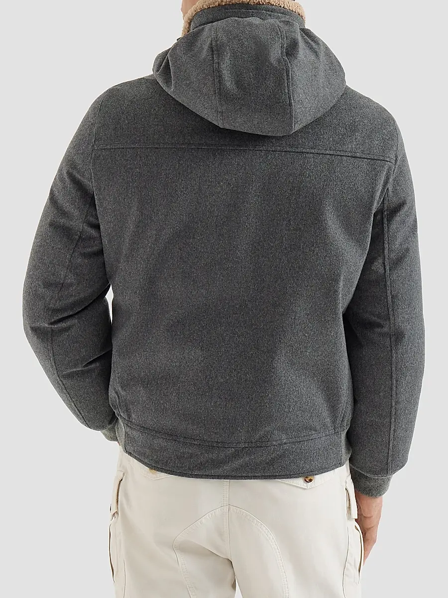 Brunello Cucinelli Men's Bonded Wool Flannel Down Jacket with Detachable Hood - Dark Grey | Thumbnail 4