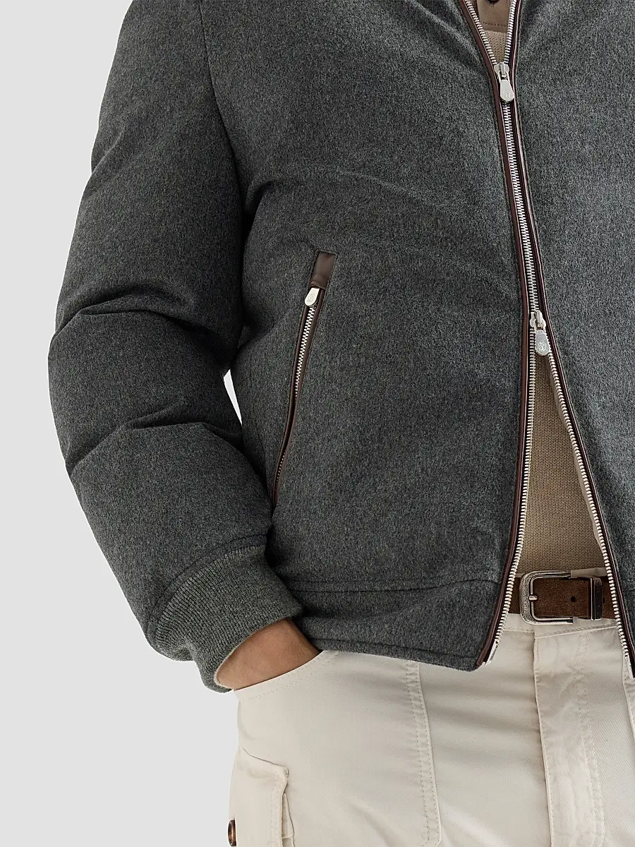 Brunello Cucinelli Men's Bonded Wool Flannel Down Jacket with Detachable Hood - Dark Grey | Thumbnail 6