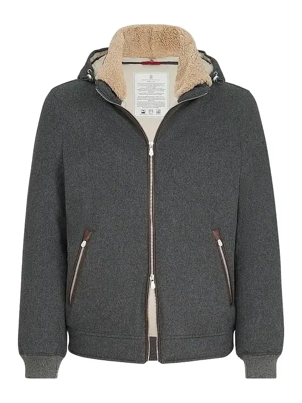 Men's Bonded Wool Flannel Down Jacket with Detachable Hood - Dark Grey