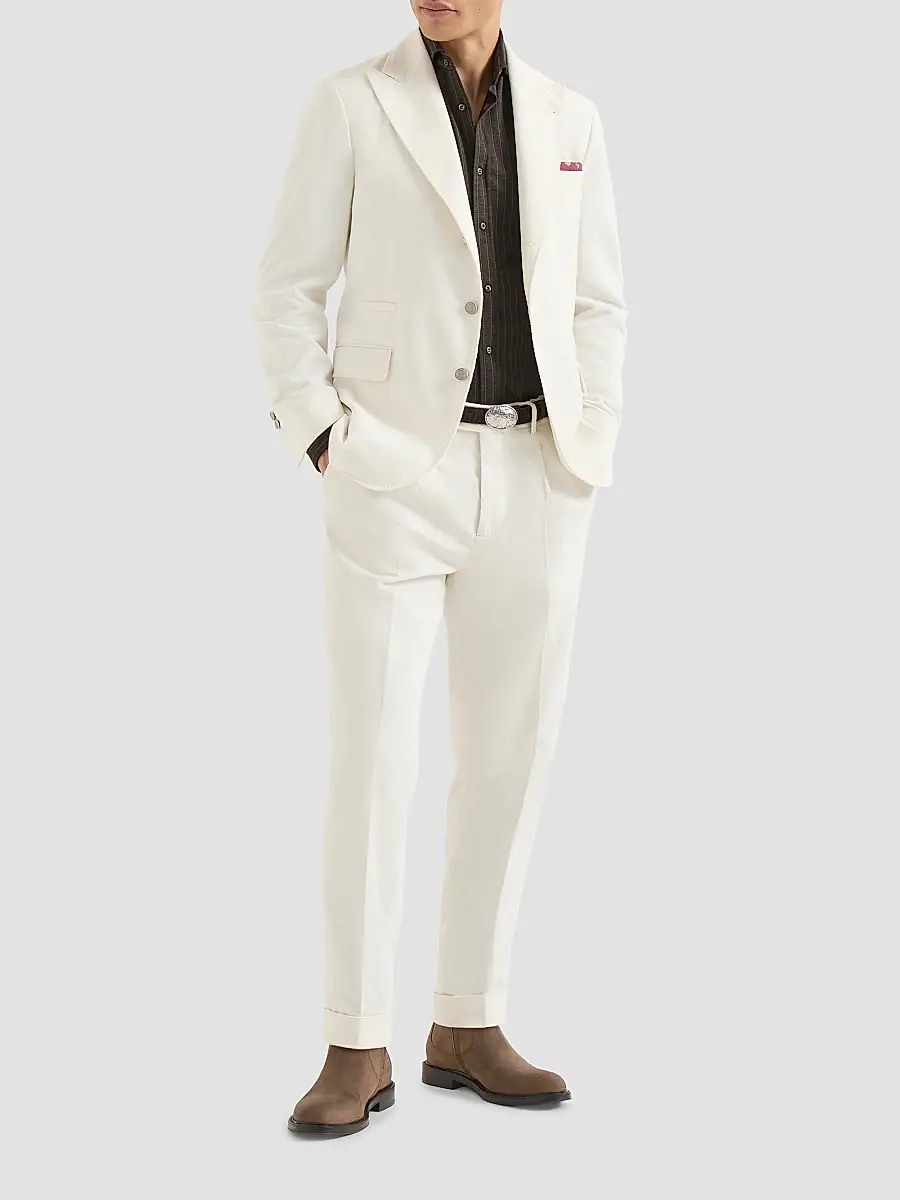 Brunello Cucinelli Men's Virgin Wool, Silk and Cotton Chalk Stripe Piqué Shirt | Thumbnail 2 Brunello Cucinelli Men's Virgin Wool, Silk and Cotton Chalk Stripe Piqué Shirt | Thumbnail 2