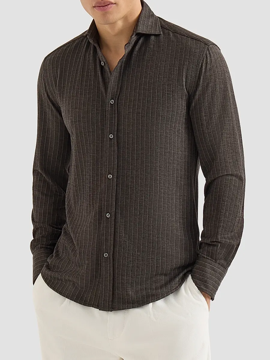 Brunello Cucinelli Men's Virgin Wool, Silk and Cotton Chalk Stripe Piqué Shirt | Thumbnail 3 Brunello Cucinelli Men's Virgin Wool, Silk and Cotton Chalk Stripe Piqué Shirt | Thumbnail 3