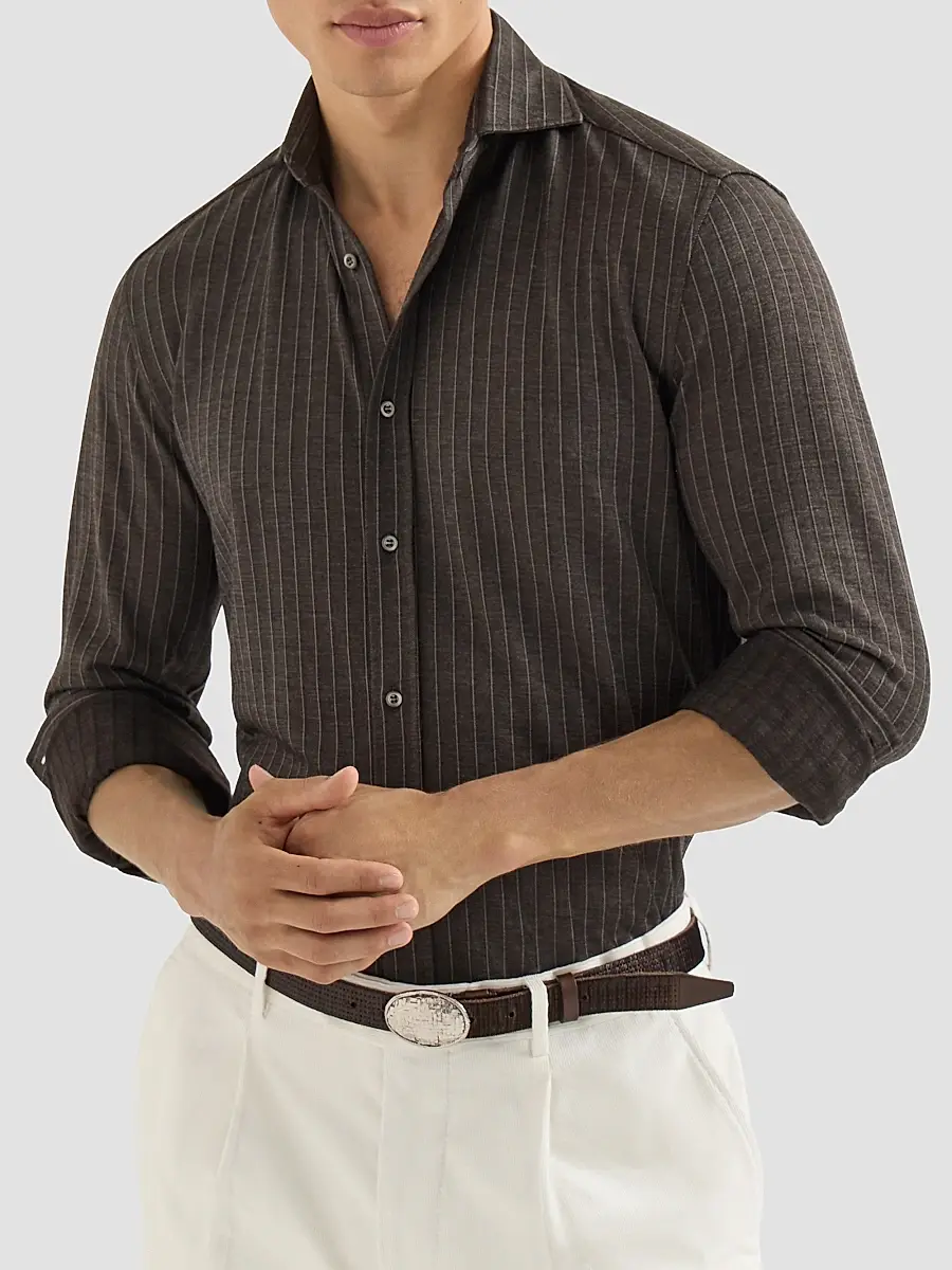 Brunello Cucinelli Men's Virgin Wool, Silk and Cotton Chalk Stripe Piqué Shirt | Thumbnail 4 Brunello Cucinelli Men's Virgin Wool, Silk and Cotton Chalk Stripe Piqué Shirt | Thumbnail 4