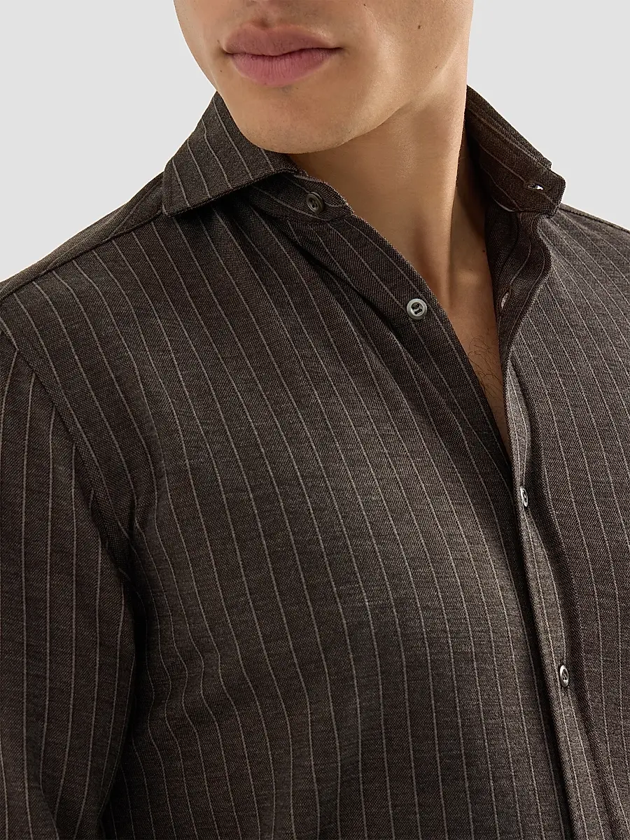 Brunello Cucinelli Men's Virgin Wool, Silk and Cotton Chalk Stripe Piqué Shirt | Thumbnail 6 Brunello Cucinelli Men's Virgin Wool, Silk and Cotton Chalk Stripe Piqué Shirt | Thumbnail 6