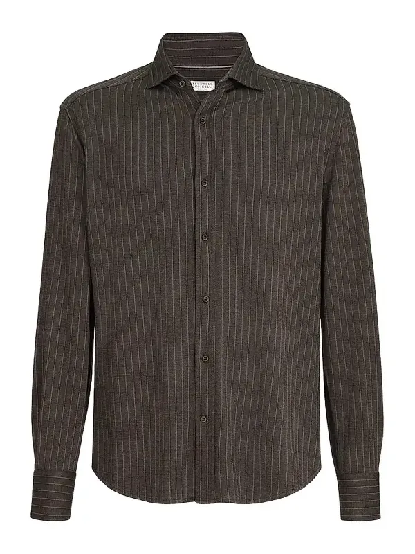Men's Virgin Wool, Silk and Cotton Chalk Stripe Piqué Shirt