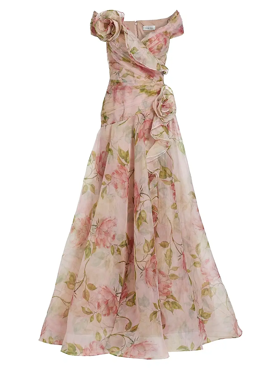 Teri Jon by Rickie Freeman Women's Floral Organza Tulle A-Line Gown - Blush Multi | Image 1 Teri Jon by Rickie Freeman Women's Floral Organza Tulle A-Line Gown - Blush Multi | Image 1