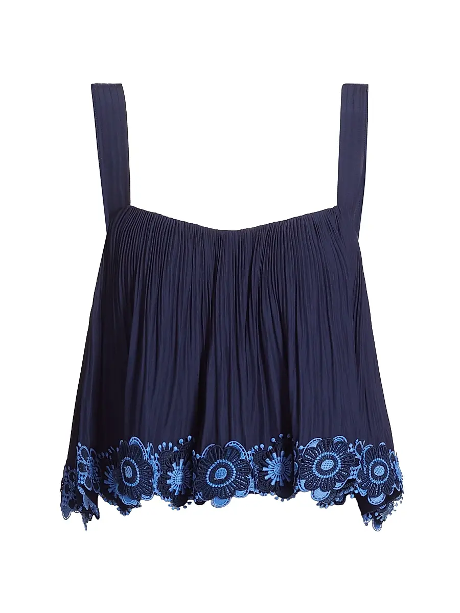 Ramy Brook Women's Elizabeth Pleated Floral Hem Top - Spring Navy | Image 1 Ramy Brook Women's Elizabeth Pleated Floral Hem Top - Spring Navy | Image 1