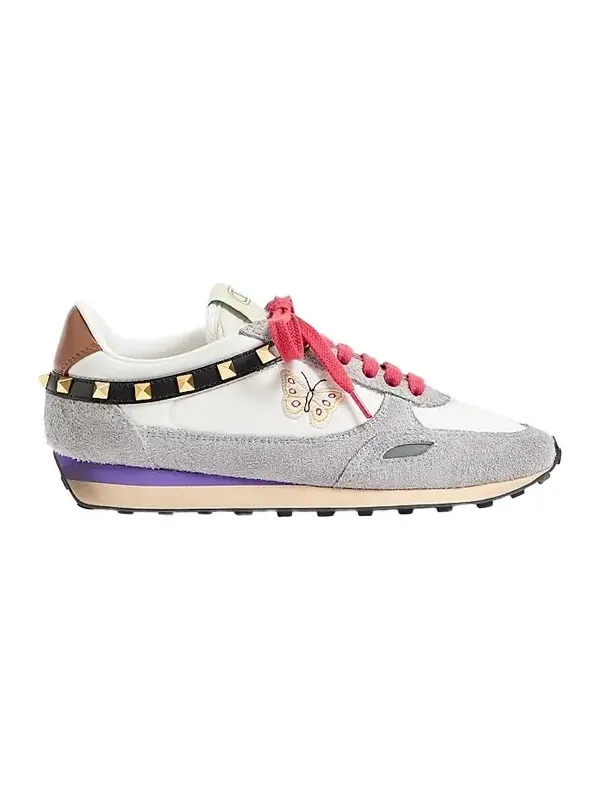 Women's Stud Up Sneaker in Split Leather and Nylon with Butterfly Embroidery - White Multicolor Women's Stud Up Sneaker in Split Leather and Nylon with Butterfly Embroidery - White Multicolor