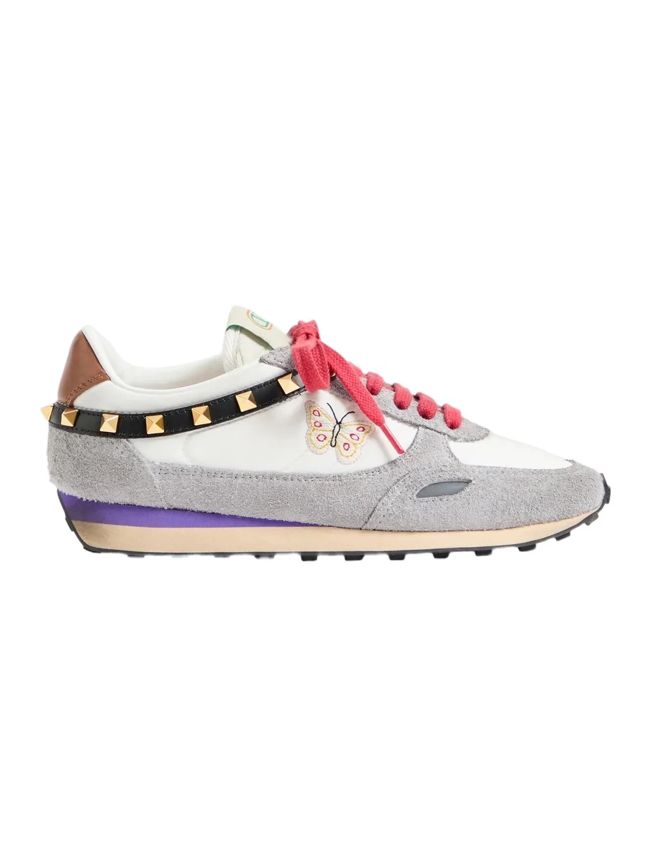Valentino Women's Stud Up Sneaker in Split Leather and Nylon with Butterfly Embroidery - White Multicolor