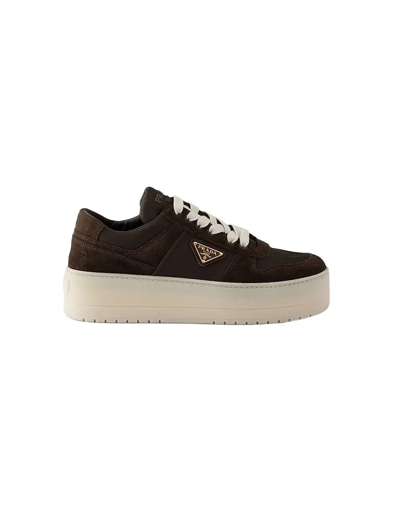 Prada Women's Downtown Bold Re-Nylon and Suede Sneakers - Dark Brown | Image 1 Prada Women's Downtown Bold Re-Nylon and Suede Sneakers - Dark Brown | Image 1