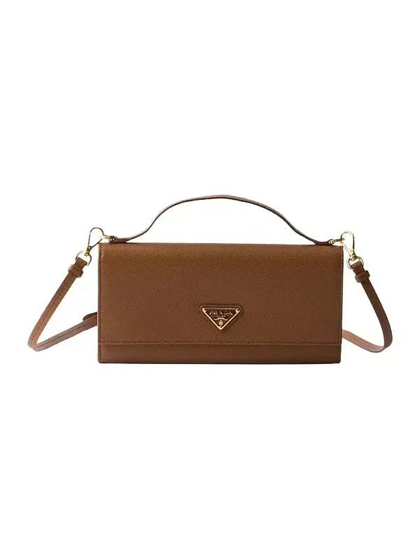 Prada Women's Saffiano Leather Wallet with Shoulder Strap - Brown Gold