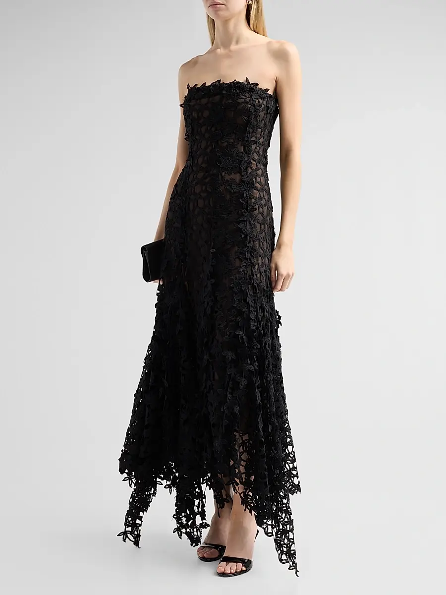 Oscar de la Renta Women's Leafy Fringe Botanical 3D Guipure Strapless Cocktail Dress | Thumbnail 4