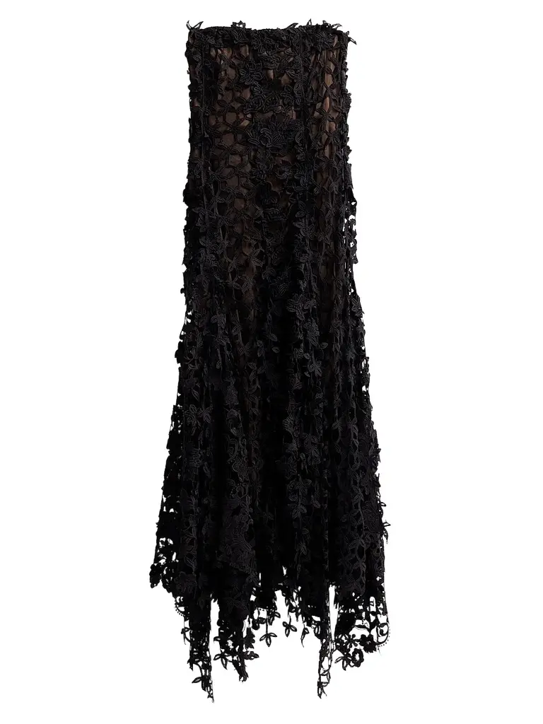 Oscar de la Renta Women's Leafy Fringe Botanical 3D Guipure Strapless Cocktail Dress - Black | Image 1 Oscar de la Renta Women's Leafy Fringe Botanical 3D Guipure Strapless Cocktail Dress - Black | Image 1