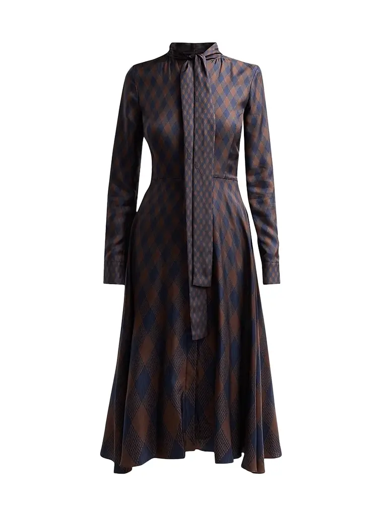 Oscar de la Renta Women's Argyle Silk Twill Tieneck Day Dress - Navy Brown | Image 1 Oscar de la Renta Women's Argyle Silk Twill Tieneck Day Dress - Navy Brown | Image 1