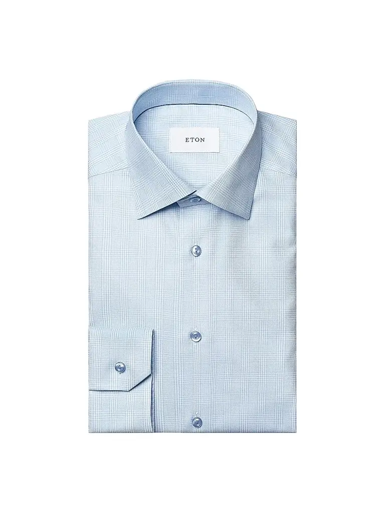 Eton Men's Contemporary-Fit Check Cotton-Blend Shirt - Light Blue | Image 1 Eton Men's Contemporary-Fit Check Cotton-Blend Shirt - Light Blue | Image 1
