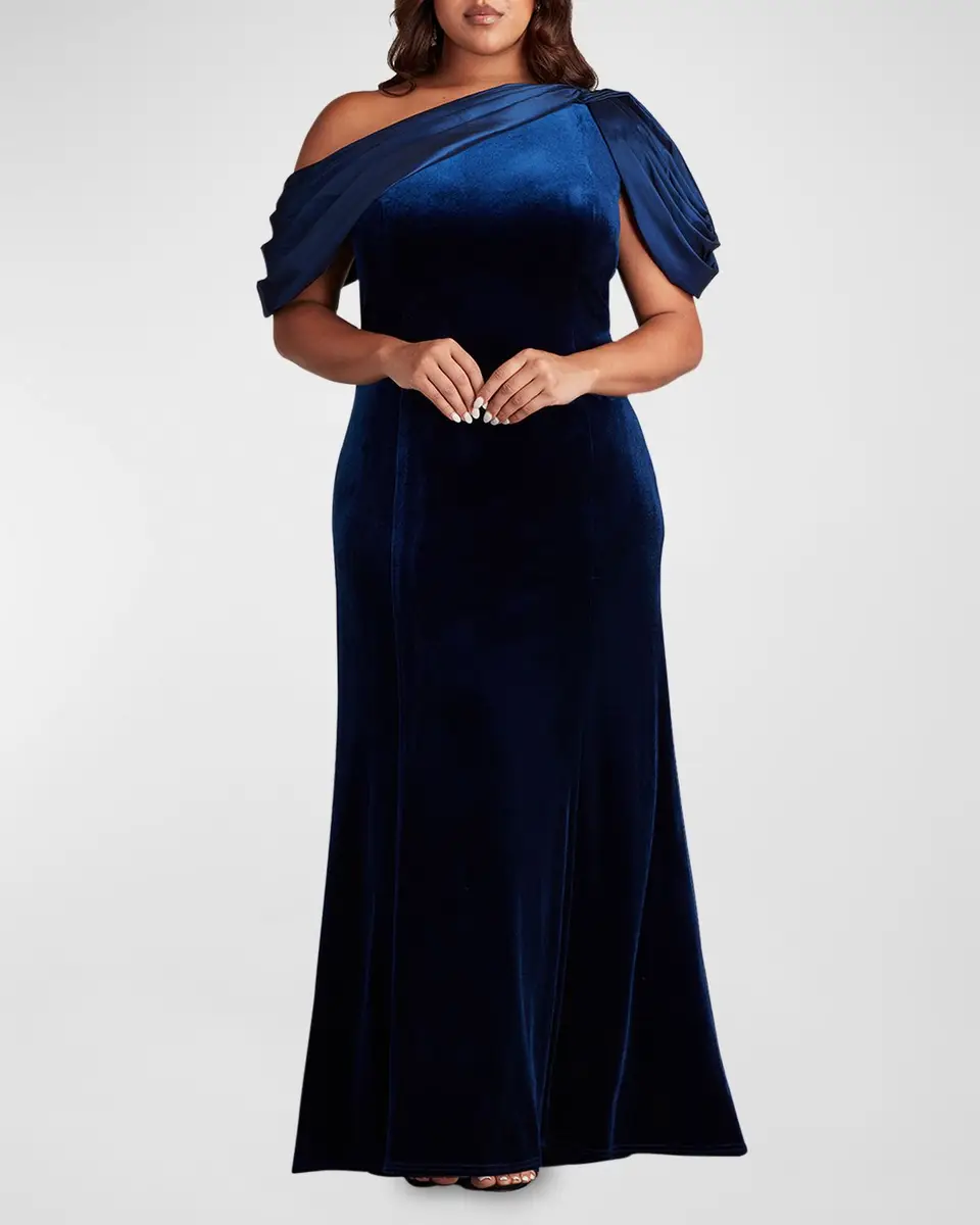 Tadashi Shoji Plus Size One-Shoulder Velvet & Satin Gown | Thumbnail 3