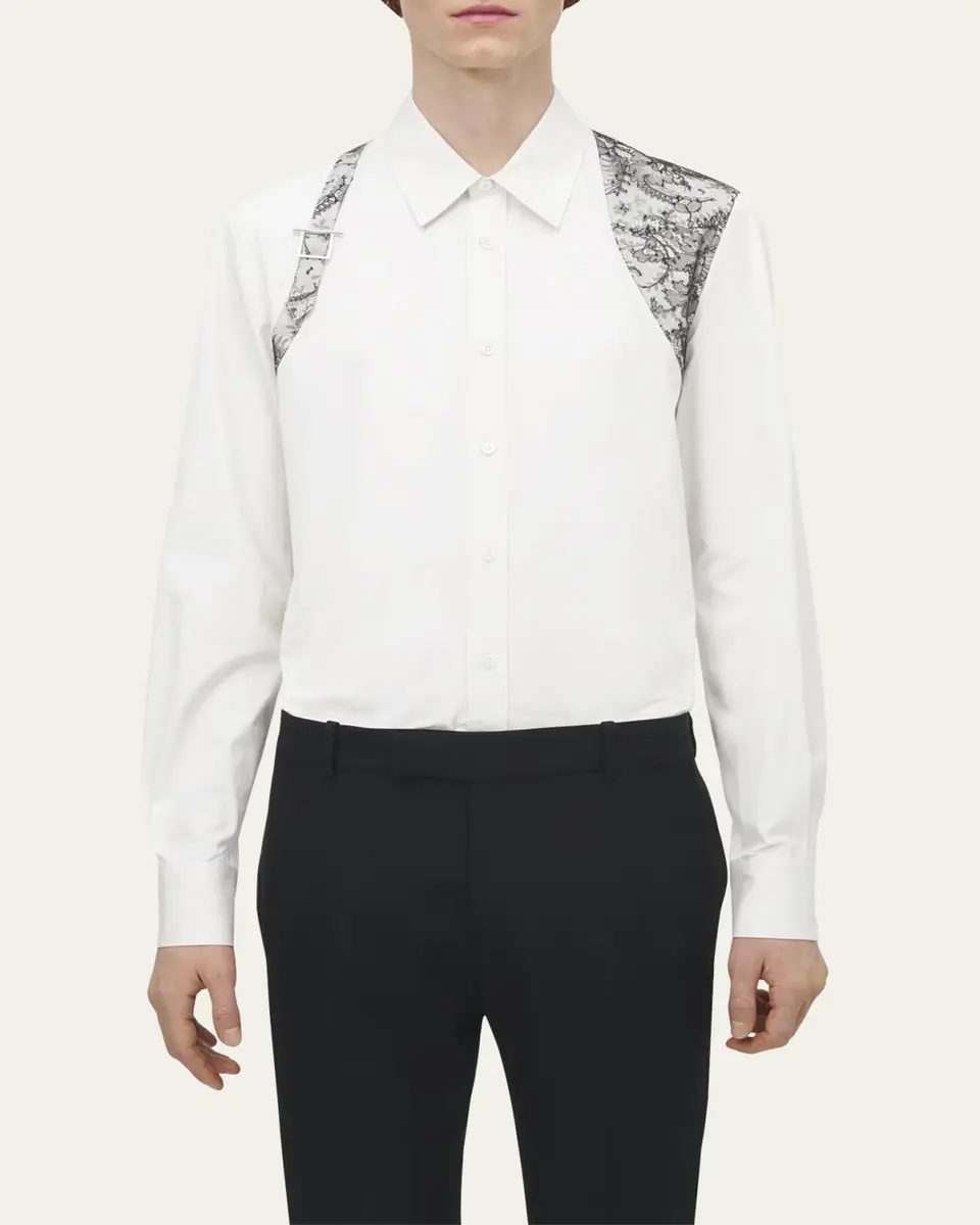 Alexander McQueen Men's Poplin Lace Harness Button-Down Shirt | Thumbnail 4 Alexander McQueen Men's Poplin Lace Harness Button-Down Shirt | Thumbnail 4