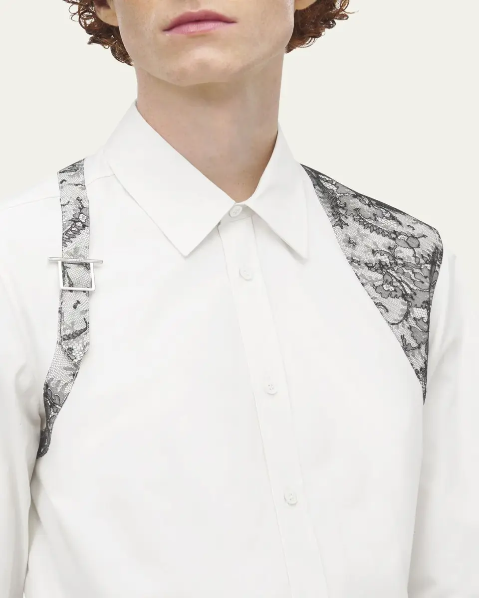 Alexander McQueen Men's Poplin Lace Harness Button-Down Shirt | Thumbnail 5 Alexander McQueen Men's Poplin Lace Harness Button-Down Shirt | Thumbnail 5