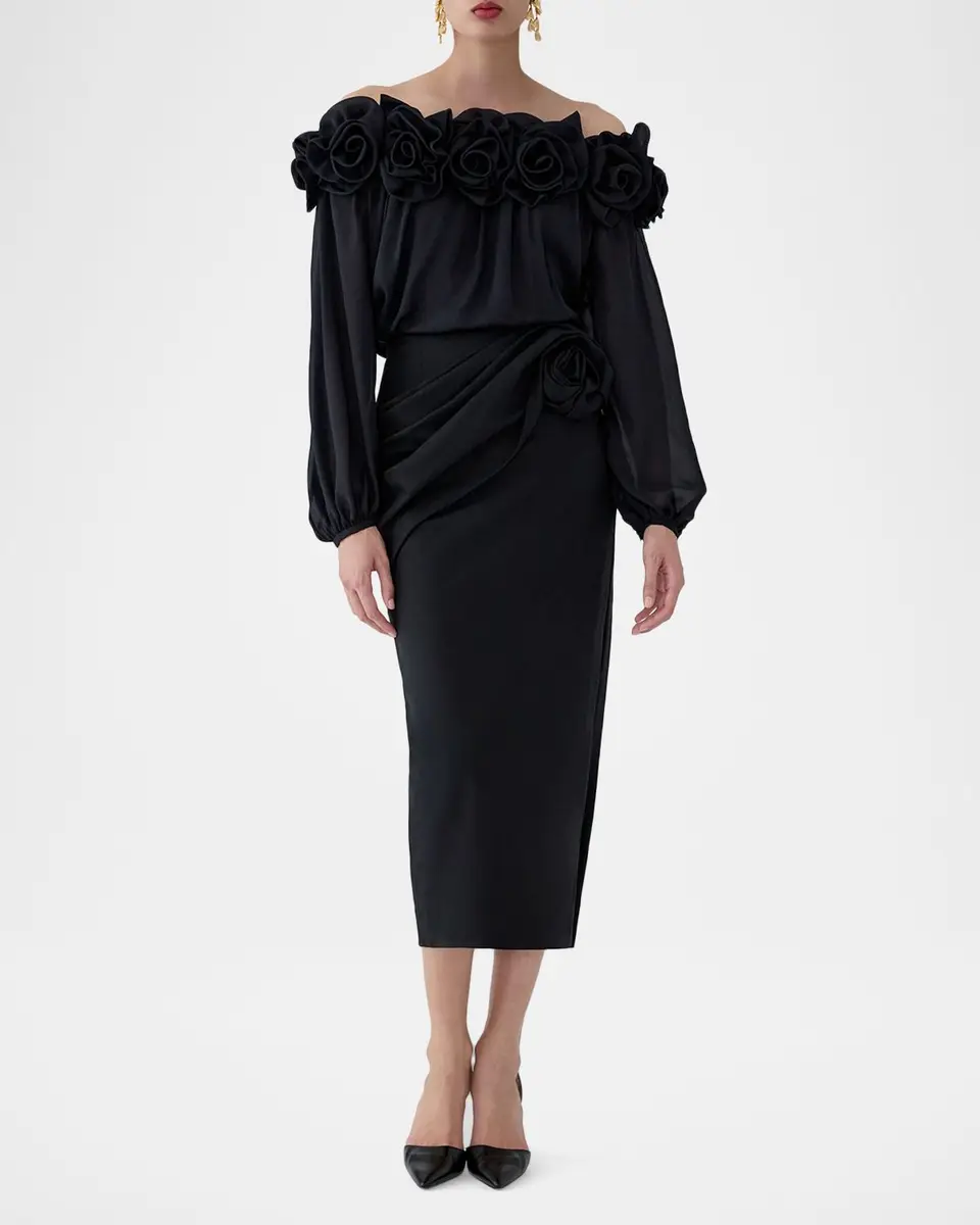 Carolina Herrera Draped Rose Slit Midi Skirt | Thumbnail 2 Carolina Herrera Draped Rose Slit Midi Skirt | Thumbnail 2