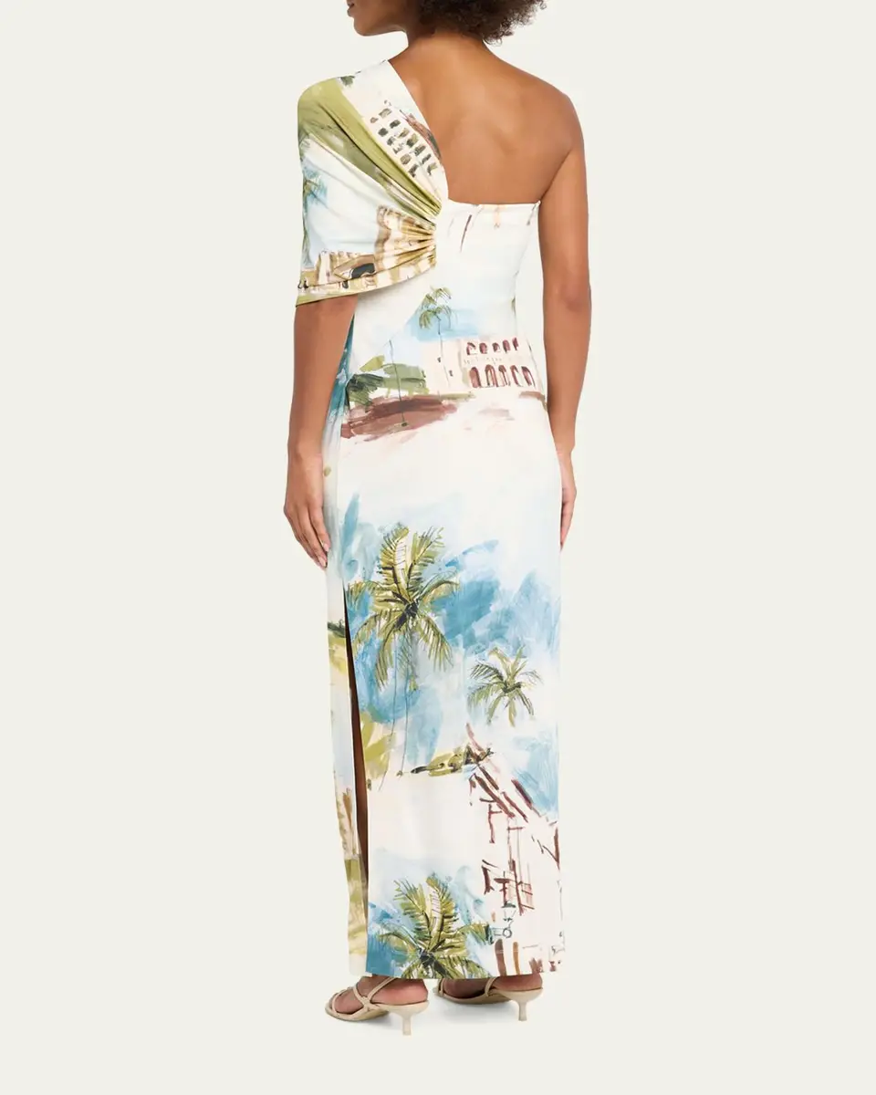 Oscar de la Renta One-Shoulder Drape Dominican Landscape Jersey Gown | Thumbnail 3