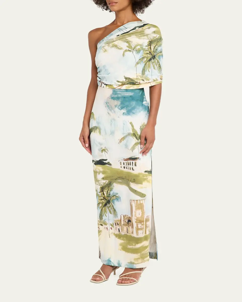 Oscar de la Renta One-Shoulder Drape Dominican Landscape Jersey Gown | Thumbnail 4