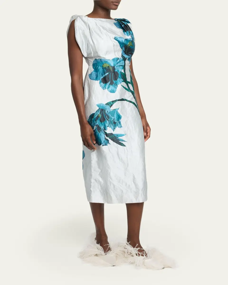Erdem Floral Textured Satin Twisted-Shoulder Midi Dress | Thumbnail 4 Erdem Floral Textured Satin Twisted-Shoulder Midi Dress | Thumbnail 4