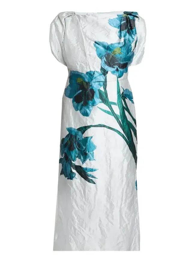 Erdem Floral Textured Satin Twisted-Shoulder Midi Dress