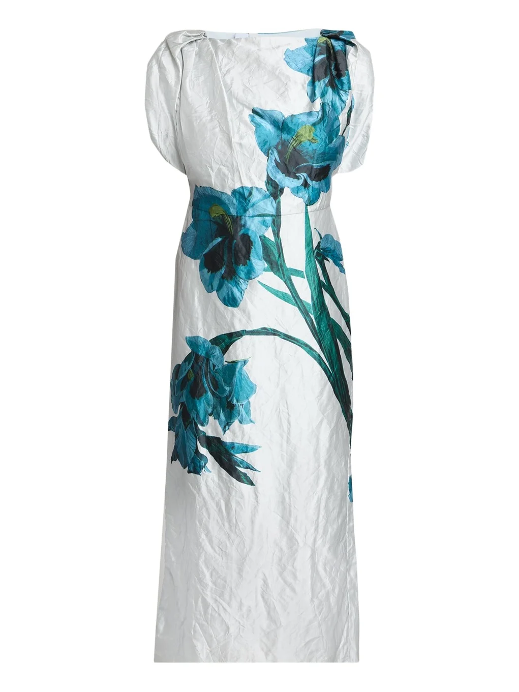 Floral Textured Satin Twisted-Shoulder Midi Dress