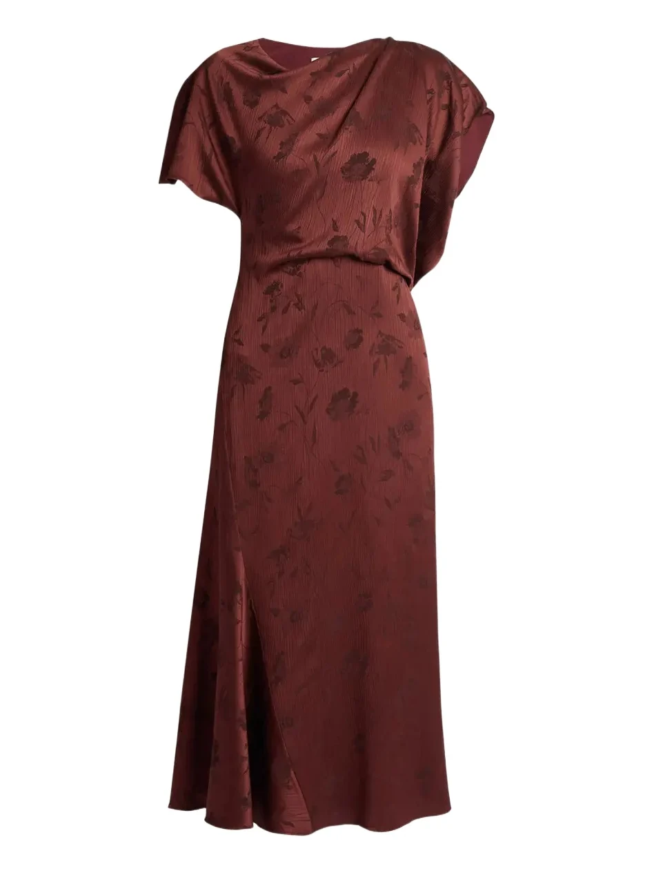 Floral Creponne Jacquard Short-Sleeve Midi Dress Floral Creponne Jacquard Short-Sleeve Midi Dress