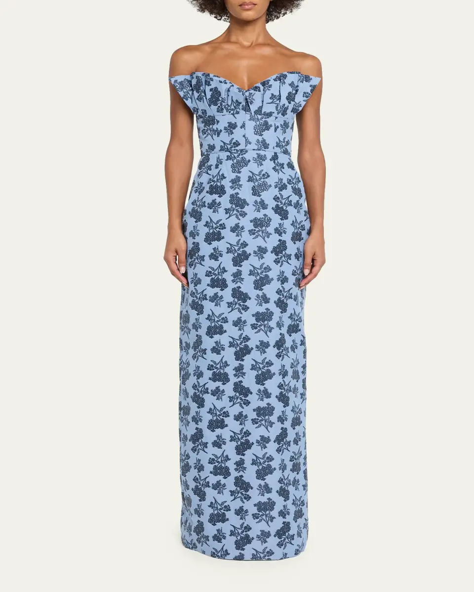 Markarian Rita Strapless Pleated Ruffle Bouquet Jacquard Column Gown | Thumbnail 2