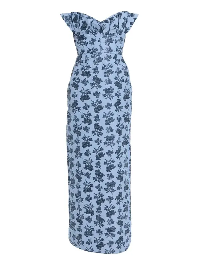 Rita Strapless Pleated Ruffle Bouquet Jacquard Column Gown