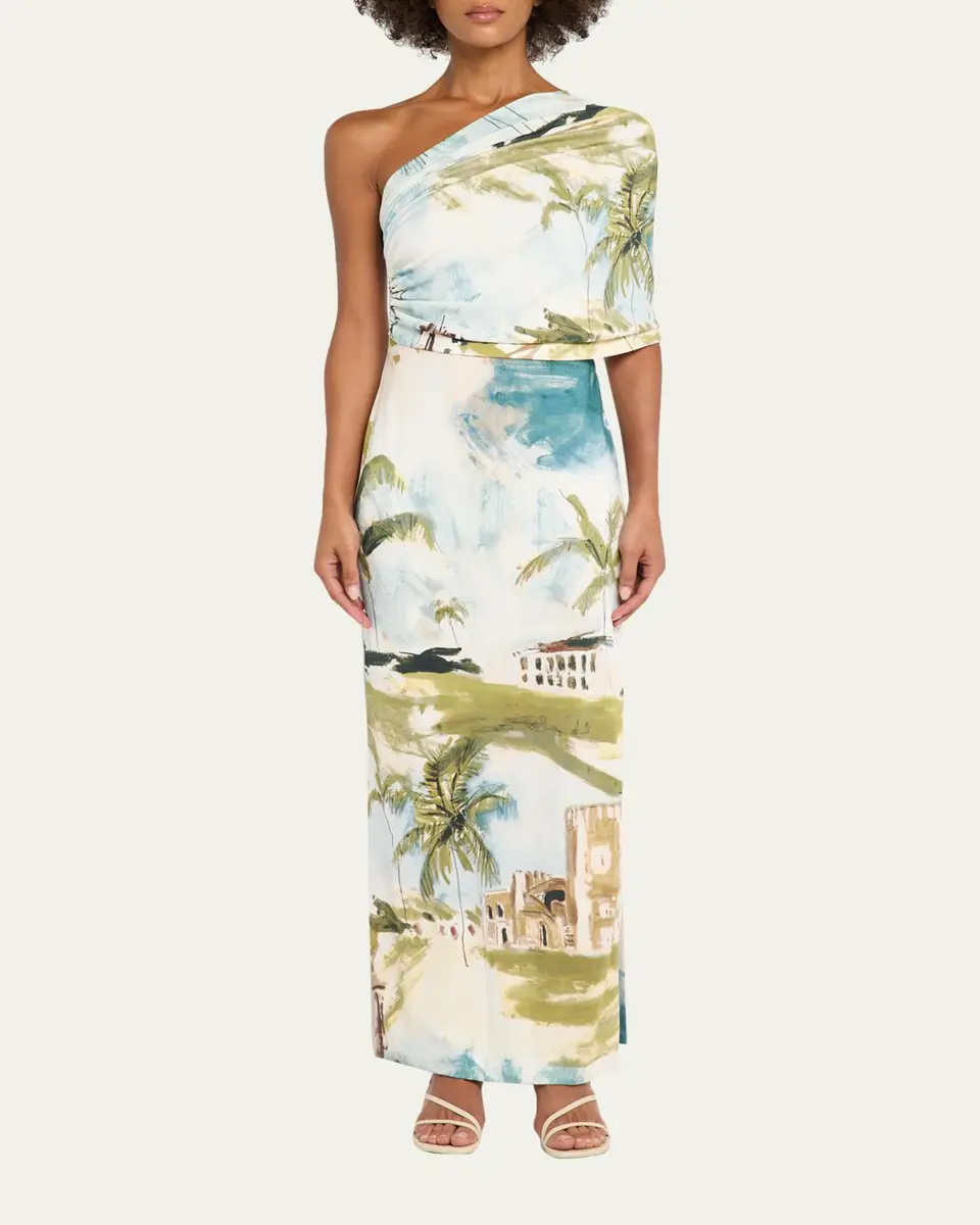 Oscar de la Renta One-Shoulder Drape Dominican Landscape Jersey Gown | Thumbnail 2
