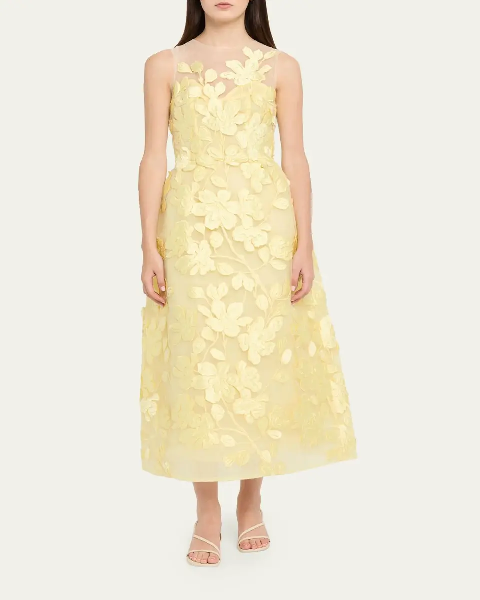 MONIQUE LHUILLIER Sleeveless Floral Tulle Illusion Tea-Length Dress | Thumbnail 2 MONIQUE LHUILLIER Sleeveless Floral Tulle Illusion Tea-Length Dress | Thumbnail 2