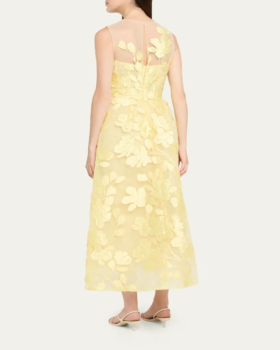 MONIQUE LHUILLIER Sleeveless Floral Tulle Illusion Tea-Length Dress | Thumbnail 3 MONIQUE LHUILLIER Sleeveless Floral Tulle Illusion Tea-Length Dress | Thumbnail 3