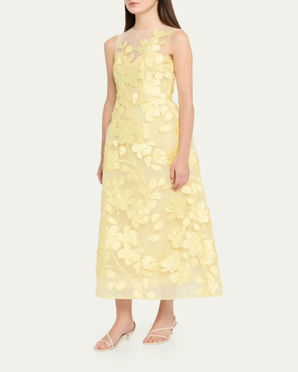 MONIQUE LHUILLIER Sleeveless Floral Tulle Illusion Tea-Length Dress | Thumbnail 4 MONIQUE LHUILLIER Sleeveless Floral Tulle Illusion Tea-Length Dress | Thumbnail 4