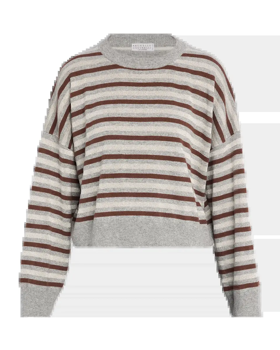 Brunello Cucinelli Shimmering Striped Wool-Cashmere Crop Sweater | Thumbnail 2